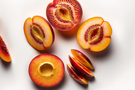 Fresh nectarine slices, whole and cut, isolated on a white backdropの素材