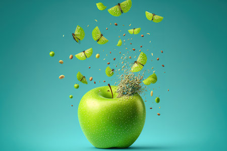 Fresh green apple in flight with seeds on a blue background. Summer fruits, levitated food, andの素材