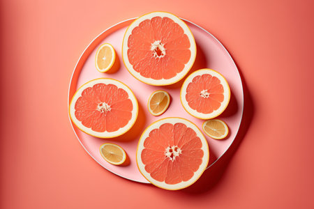 Fresh grapefruit slices in a vibrant fruit on a pink background. minimalist flat lay ideaの素材