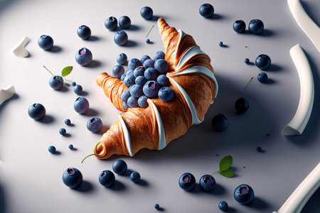 Fresh blueberry croissant served at a white table. a typical breakfast. looking upの素材