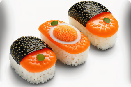 fish sushi, salmon sushi, and salmon roe sushi on whiteの素材