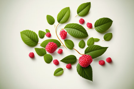 flying berries and leaves of the raspberry. White background with a lone raspberry and leaves. path for collection clippingの素材
