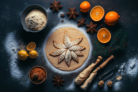 foodstuffs for cooking Baking for Christmas top view of a flour based fir tree on a dark table with kitchen equipment, gingerbread biscuits, and dried fruitsの素材