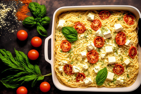 feta spaghetti that has been baked. Feta pasta in a casserole dish with tomatoes, cheese, garlic, and herbs is a popular, viral recipe. Banner, text filled recipe space on the menu, top viewの素材
