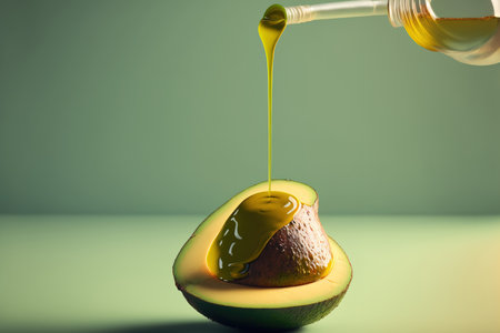essential oil being applied to a chopped avocado against a light green backgroundの素材