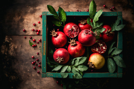 Fresh pomegranates with leaves in an aged box. on a background of wood. Text should be left alone. a top viewの素材