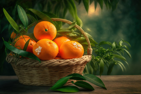 Fresh Tangerine Oranges with slices on a background of blurred greenery, orange fruit in a bamboo basket on a wooden table in a gardenの素材