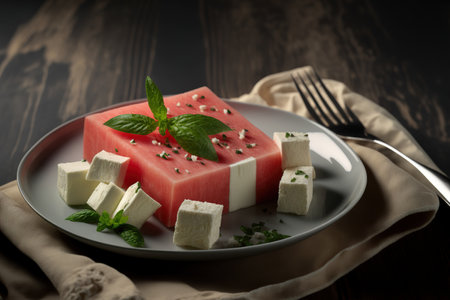 Fresh Watermelon and Feta Cheese are displayed on a plateの素材