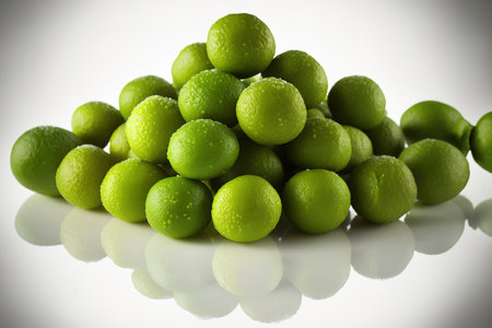 Fresh, raw green finger limes or lime caviar piled high and shown against a white backgroundの素材