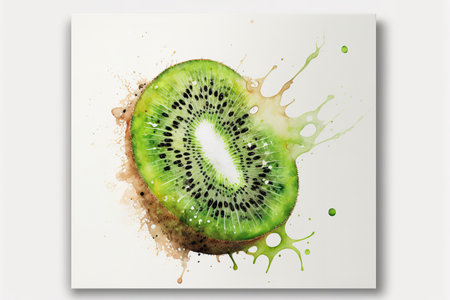 Fresh, juicy, raw kiwi on a white backdrop with watercolor spotsの素材