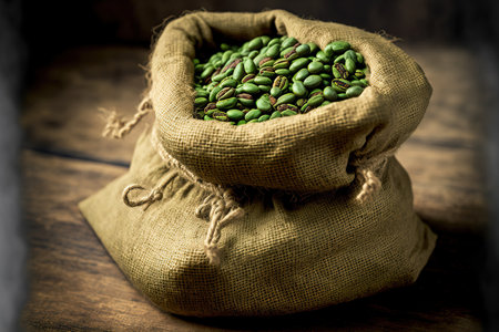 Fresh, organic, naturally scented green coffee beans in a textile sack in a factory or warehouse. high quality agricultural grains used in the manufacturing of coffee. seeds for exporting coffee. Noboの素材