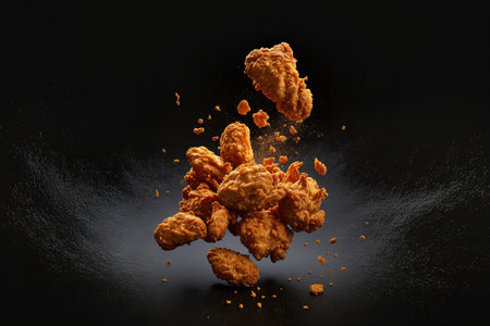 Fried chicken bits floating through the air in slow motion against a black background. idea of food floatingの素材