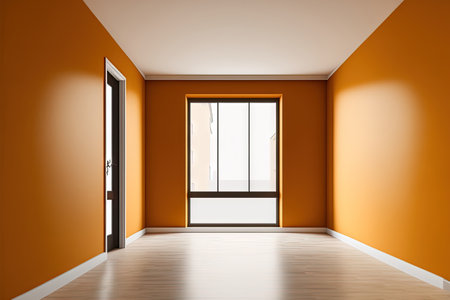 Frontal View of the Mockup Interior with Orange Plastered Walls, a Large Window on the Left, White Plinth and a Light Parquet Floor. Unfurnished room. , 8K Ultra HD, 7680x4320, 300 dpiの素材