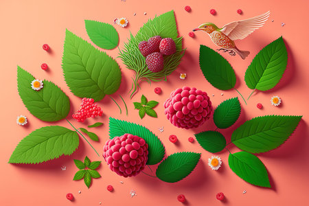 Fresh, ripe raspberries, leafy greenery, and fluttering flowers on a pink background. High resolution illustration of a food levitation conceptの素材