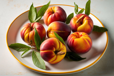 Fresh ripe nectarines displayed on a white ceramic platterの素材