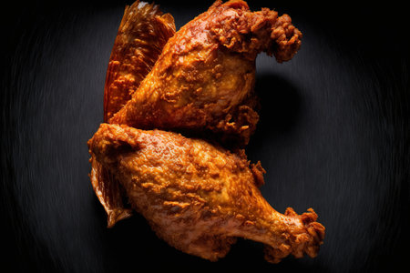 Fried chicken wings are shown overhead. atop, from above. Close upの素材