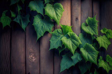 Green leaves draped over wood boards. Ivy leaves in green grow up the wooden fence. texture of a natural backgroundの素材