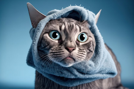 Funny wet gray tabby cat with huge eyes after washing, wrapped in towel. Just washed gorgeous fluffy cat on blue backdrop with soap foam on his headの素材