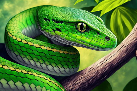 Green albolaris snake, close up, front view snake on branch in greenの素材