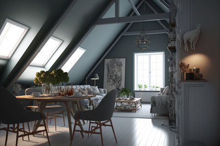 Gray walls, a large table with chairs, a cozy sofa and armchair in the living room area, and the kitchen to the right make up the interior of the attic dining roomの素材