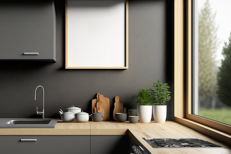 Grey and wooden minimalist kitchen set mockup canvas poster with a window and a side view. No one is in the dark, new kitchen with appliancesの素材