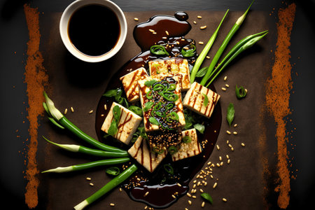 Green onions, chilies, sesame, and tofu in teriyaki sauce. Asian cuisine vegetarian cuisine. eating wellの素材