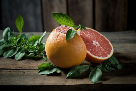 Grapefruit that has just been picked, with a wooden backdropの素材