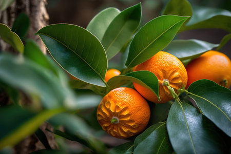 Green foliage and orange fruit are on a woody branch. gardening at home. orange mandarins. oranges tangerines. Orange in hue. orange juice that is freshの素材