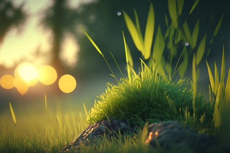 Green grass in a landscape with a green bokeh backdropの素材