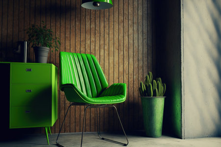 Green chair on a wooden wall with cement floors, loft interior designの素材