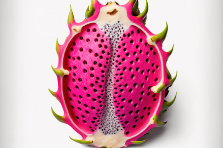 Half of a dragon fruit pitaya, pitahaya slice, top view, isolated on a white backgroundの素材