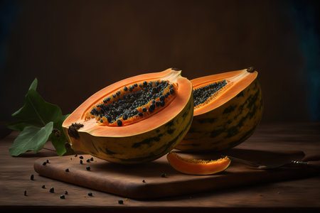 fresh papaya, cut, on a wooden tableの素材