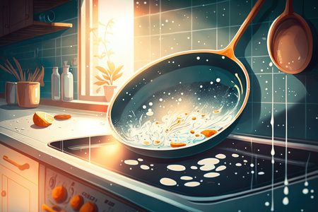 frying pan in a contemporary kitchen with white flakes from hard water while being washed in the dishwasherの素材