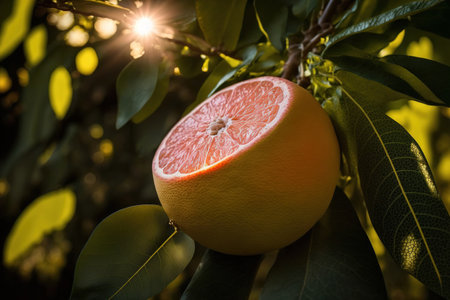 Grapefruit in close up on a tree with the light shining through the leavesの素材