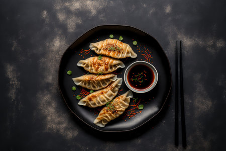 fried noodle dishes Gyoza on a plate against a background of gray concrete, top viewの素材
