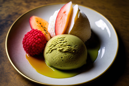 Green tea is served with strawberry, mango, and matcha mochi ice cream on the tableの素材