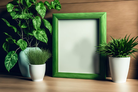 green mock up picture frame put on a wooden cabinet with lovely flora,の素材