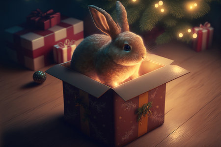 funny bunny rabbit in the present box beneath the tree for the new year. Concept of a cheerful Christmas seasonの素材