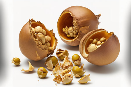 Hazelnuts break and fall close up, isolated on a white backdropの素材