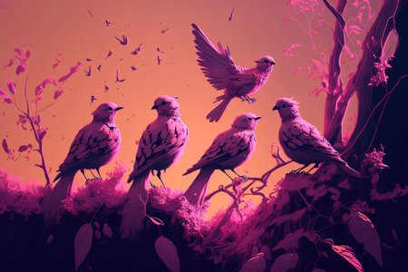 Hand drawn birds on a pink backdropの素材