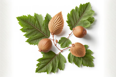 Hazelnut leaves on a white background, isolated. a top viewの素材
