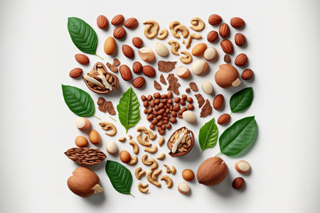 Hazelnuts, almonds, walnuts, peanuts, and cashews are arranged creatively on a white background. Lay flat. notion of foodの素材
