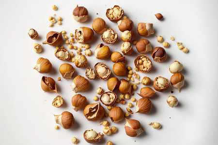 Hazelnuts scattered across a white background. Hazelnuts that have just been harvestedの素材