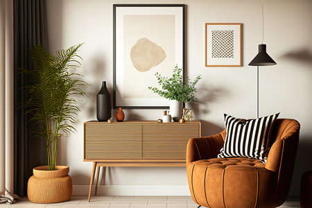 Harmonized living room interior design with a brown commode, a pouf, a lamp, decorations, a mock up poster frame, and attractive personal items. modern interior design. Templateの素材