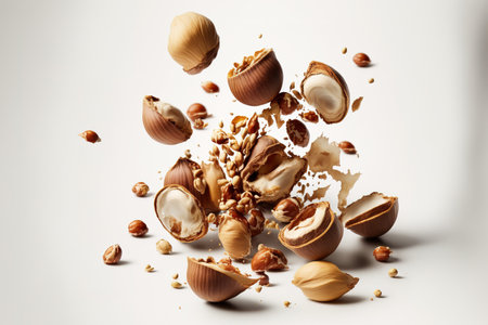 Hazelnuts dropping on a white backgroundの素材