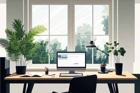 Home office A work area with a big window at homeの素材