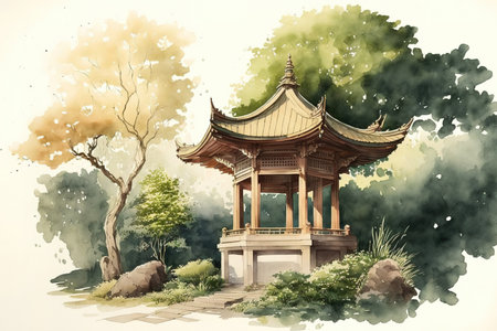 Hand drawn in watercolor, this image of a Japanese structure pavilion in a garden is set on a white backdrop. Ink on paperの素材