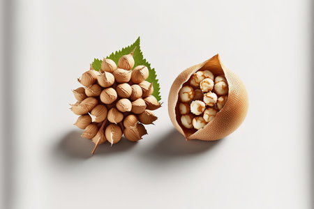 Hazelnuts in full and half on a white backdropの素材