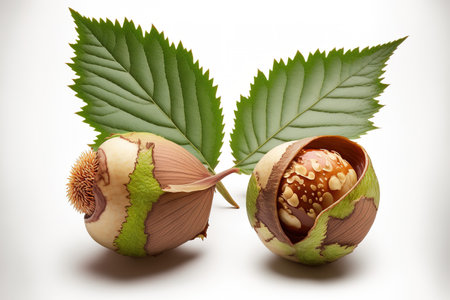 Hazelnuts with and without shells, as well as foliage, isolated on a white backdrop. studio shot using macroの素材