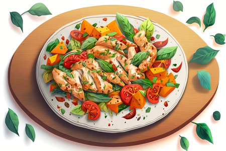 Hot meat salad. Chicken, pepper and persimmon pieces on a white plate. Studio photographyの素材